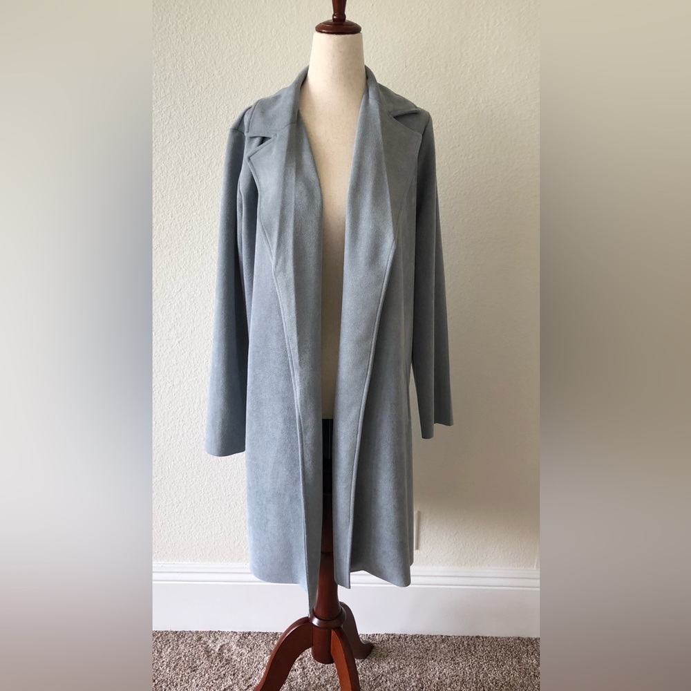 PHILOSOPHY - FAUX LEATHER LONG OPEN CARDIGAN DUSTER/JACKET + BLUE/S
